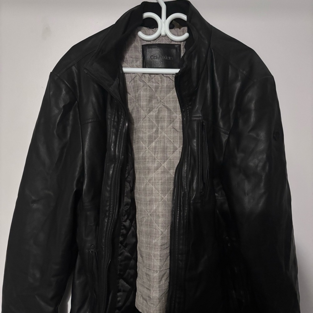 Calvin Klein Black Leather Jacket Quilted Lining Men’s Fall Outerwear Classic